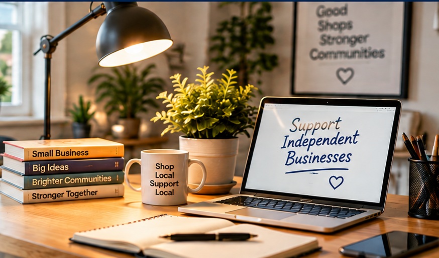 Desk with lamp, books, plant and laptop supporting independent UK businesses